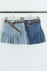 Pleated Denim Mini Skirt With Belt