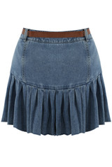 Pleated Denim Mini Skirt With Belt