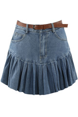 Pleated Denim Mini Skirt With Belt