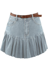 Pleated Denim Mini Skirt With Belt