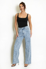 Blue Leopard Print Wide Leg Jeans