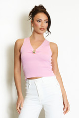Fine Knit V Neck Top With Metal Detail