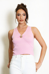 Fine Knit V Neck Top With Metal Detail