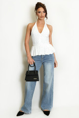 Polka Dots Bubble Hem Halterneck Blouse