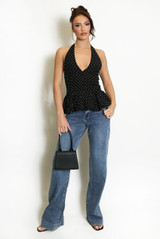 Polka Dots Bubble Hem Halterneck Blouse