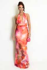 Abstract Tie Dye Halter Neck Maxi Dress