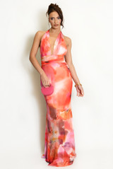 Abstract Tie Dye Halter Neck Maxi Dress