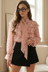 Hearts Print Tie Neck Chiffon Blouse