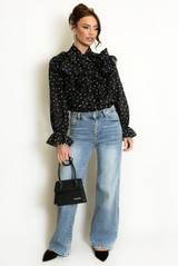 Hearts Print Tie Neck Chiffon Blouse