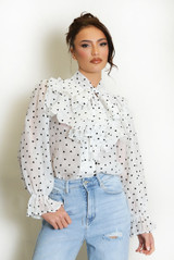 Hearts Print Tie Neck Chiffon Blouse