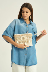 Neutral Sun Charm Beaded Clutch Bag