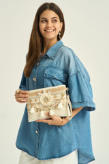 Neutral Sun Charm Beaded Clutch Bag
