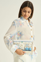 Blue Beaded Flower Tassel Clutch Bag