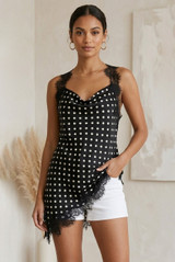 Polka Dots Lace Trim Asymmetric Blouse