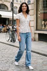 Polka Dot Ruched Fitted Blouse