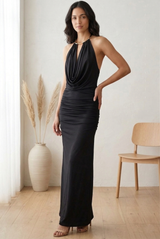 Metal Cowl Neck Deep Back Maxi