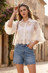 Lace Embroidered Puff Sleeve Blouse