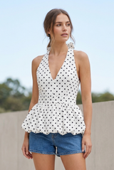 Polka Dots Halterneck Peplum Blouse