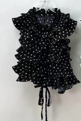 Polka Dots Pleated Ruffle Trim Blouse