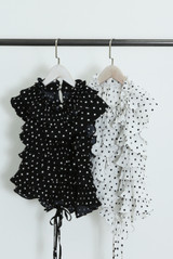 Polka Dots Pleated Ruffle Trim Blouse