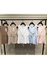 Button Front Lace Insert Sleeveless Blouse