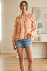 Floral Ruffles Trim Frill Hem Blouse