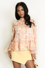 Floral Ruffles Trim Frill Hem Blouse