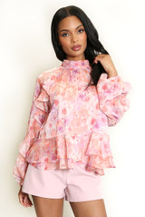 Floral Ruffles Trim Frill Hem Blouse