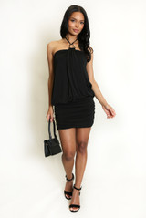 Draped Gold-Ring Halter Bodycon Mini Dress
