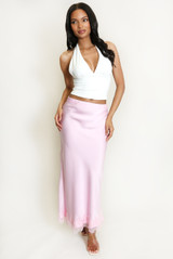 Satin Lace Hem Midi Skirt