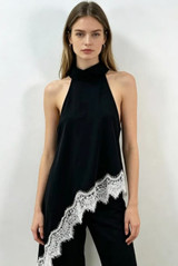 Choker Neck Asymmetric Lace Hem Top