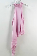 Choker Neck Asymmetric Lace Hem Top