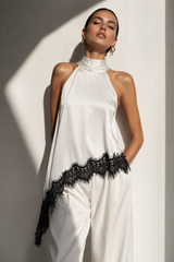 Satin Halter Neck Lace Hem Top