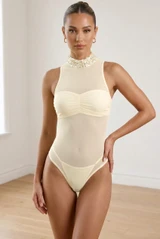 Sleeveless Mesh Bodysuit With Sequin Collar