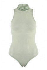 Sleeveless Mesh Bodysuit With Sequin Collar 