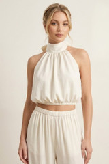 Satin Balloon Hem Cropped Blouse