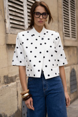 Polka Dot Short Sleeve Wrap Over Blazer 