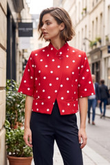 Polka Dot Short Sleeve Wrap Over Blazer 