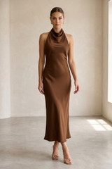 Satin Cowl Neck Midi Dress 