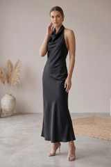 Satin Cowl Neck Midi Dress 