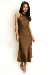 Satin Cowl Neck Midi Dress 