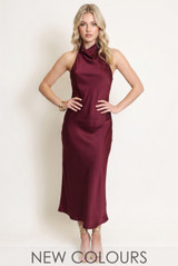 Satin Cowl Neck Midi Dress 