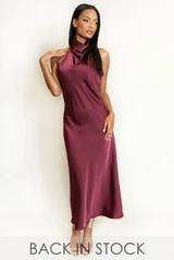 Satin Cowl Neck Midi Dress 