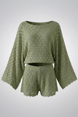 Sheer Lace Oversized Long Sleeve Top And Shorts Set