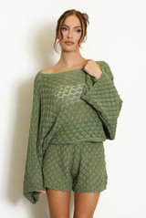 Sheer Lace Oversized Long Sleeve Top And Shorts Set