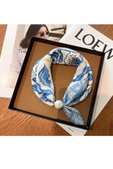 Blue Print Pearl Clasp Neck Scarf 
