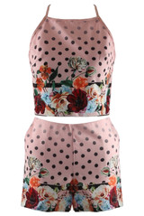 Attentif Polka Dot Floral Crop Top And Shorts Set 