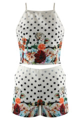 Attentif Polka Dot Floral Crop Top And Shorts Set 