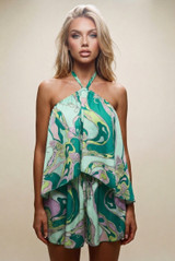 Abstract Halterneck Blouse and Shorts Set