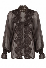 Lace Trim Sheer Tie Front Blouse